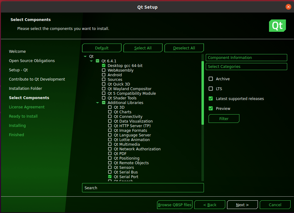 Qt installer - Componenti