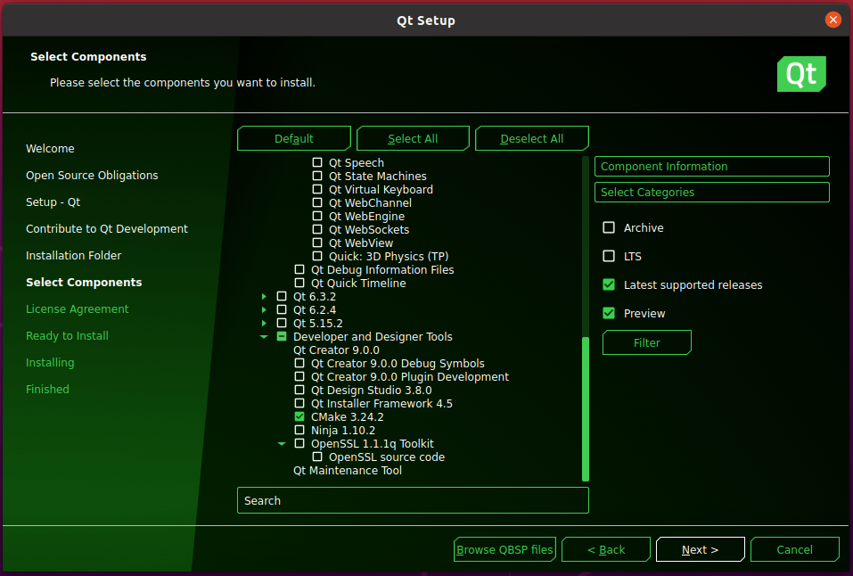 Qt installer - Componenti
