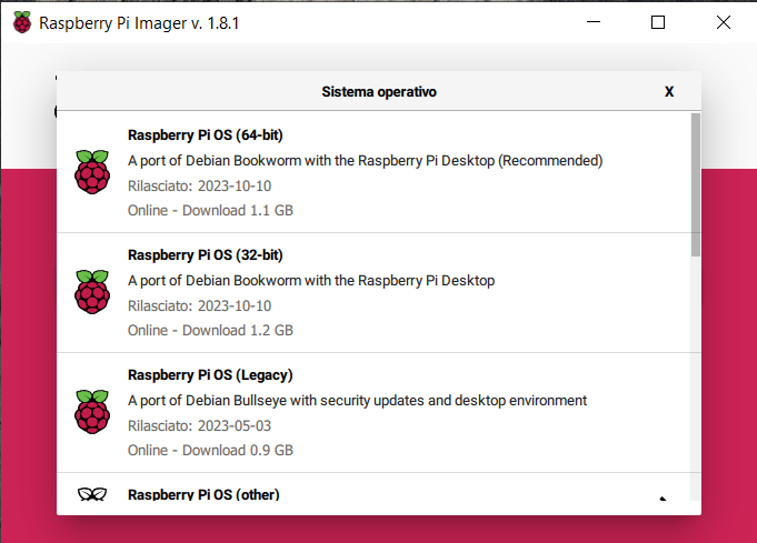 Raspberry Pi Imager - Selezione OS