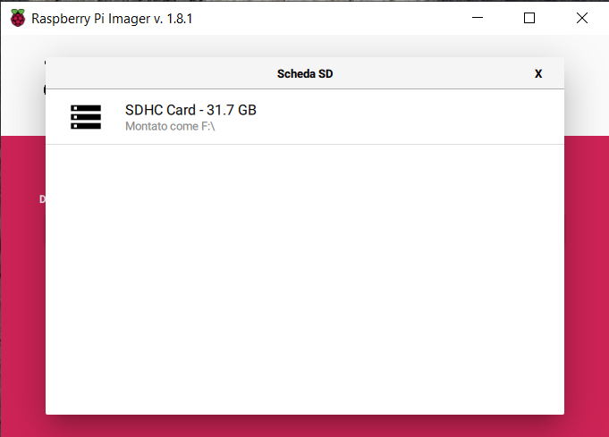 Raspberry Pi Imager - Selezione SD