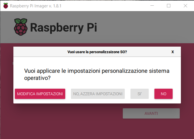 Raspberry Pi Imager - Personalizzazione SO