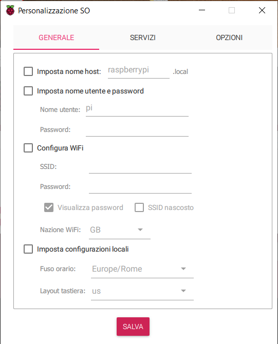 Raspberry Pi Imager - Personalizzazione SO - Generale