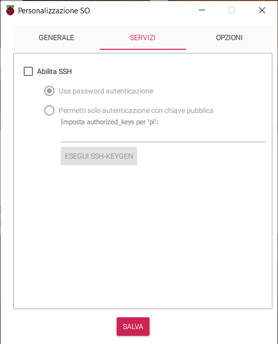 Raspberry Pi Imager - Personalizzazione SO - Servizi