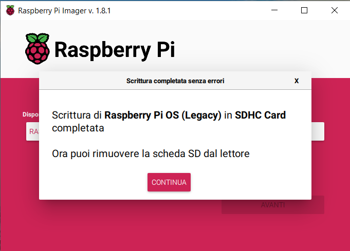 Raspberry Pi Imager - Scrittura completata